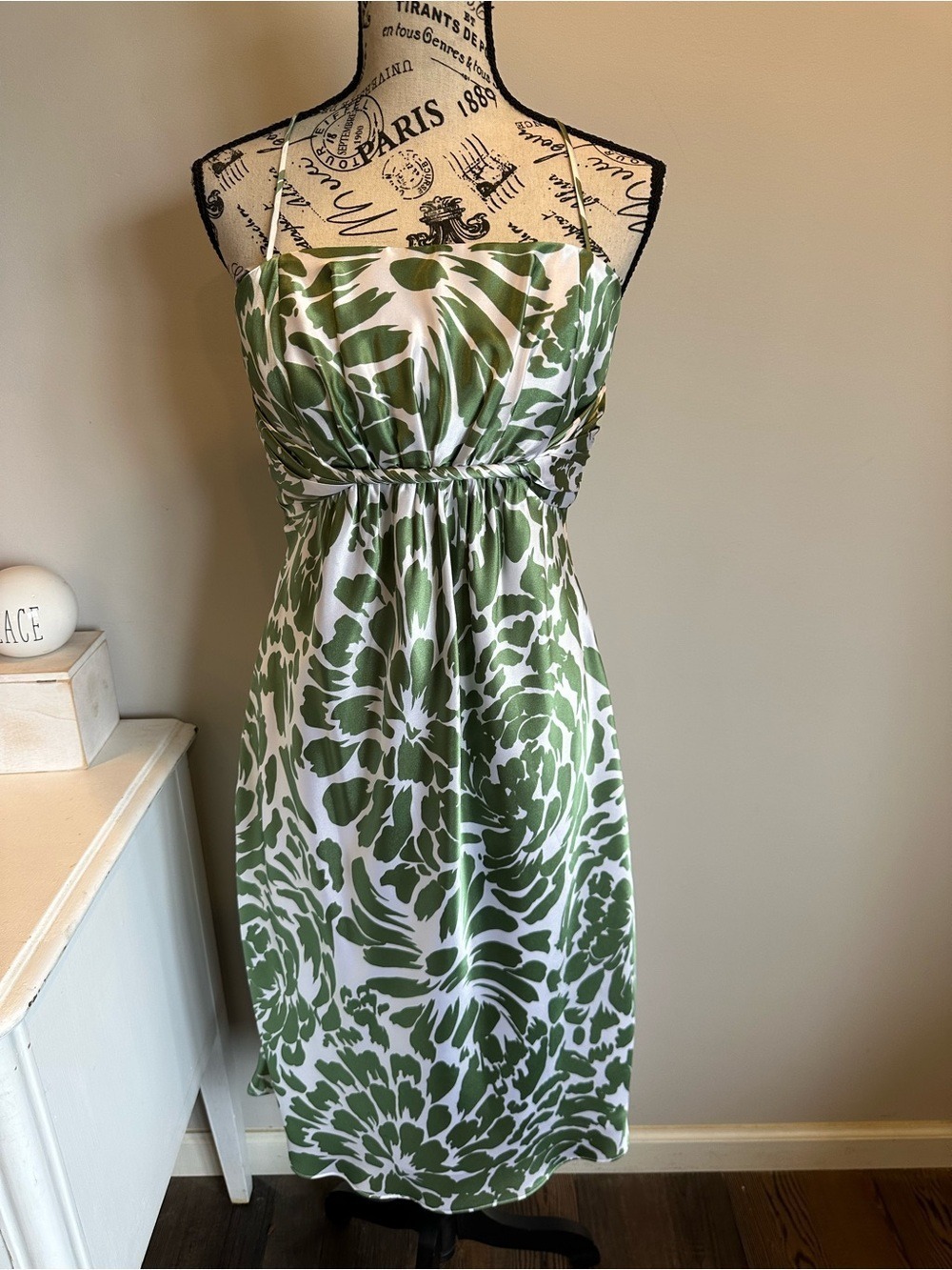 Alfred Angelo Green & White Floral Print Satin Cocktail Dress Size 8